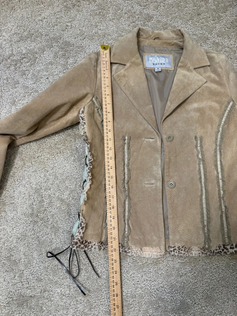 Wilsons Leather Women's Tan Suede Jacket with Leopard Trim Accents - Picture 6 of 9